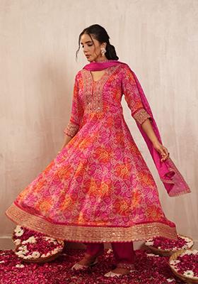 Orange And Pink Embroidered Chinon Kurta Set