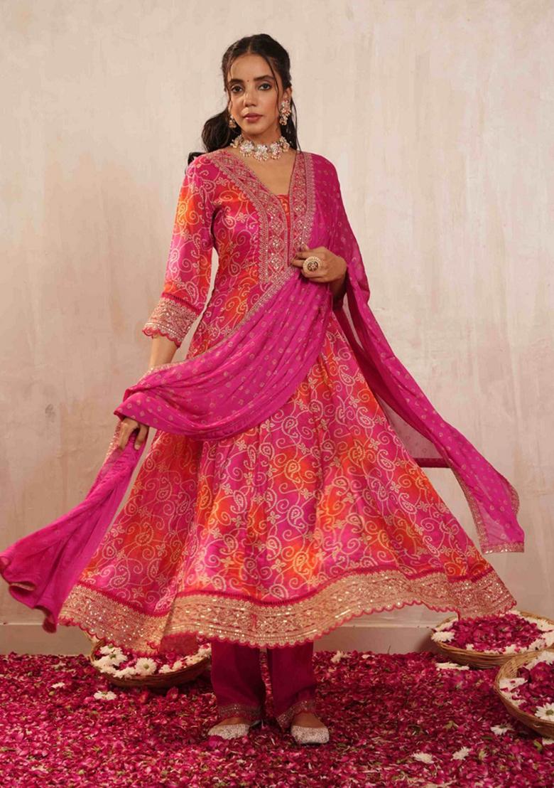 Orange And Pink Embroidered Chinon Kurta Set