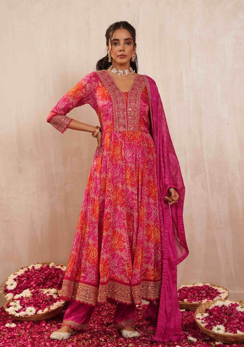 Orange And Pink Embroidered Chinon Kurta Set