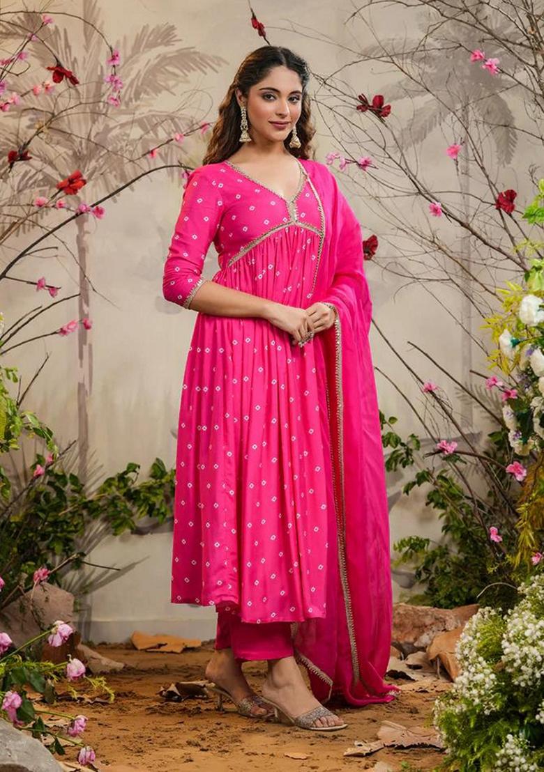 Hot Pink Embroidered Muslin Kurta Set
