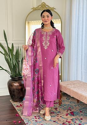 Purple Embroidered Viscose Kurta Set