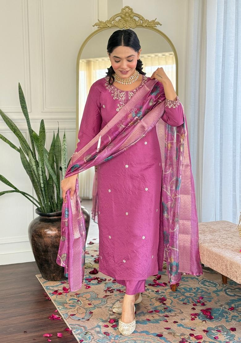 Purple Embroidered Viscose Kurta Set
