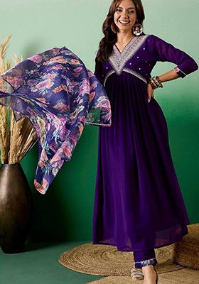 Purple Embroidered Georgette Kurta Set