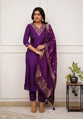 Purple Embroidered Viscose Kurta Set