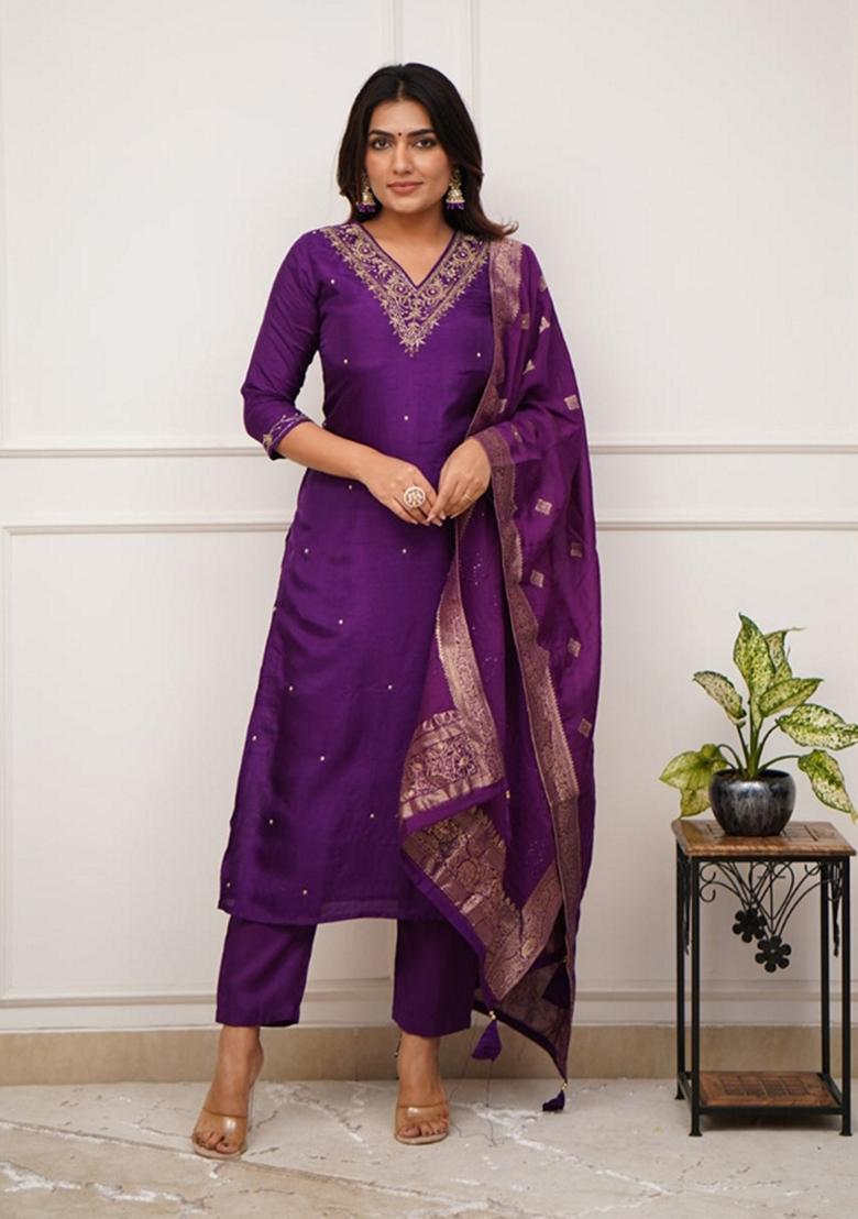 Purple Embroidered Viscose Kurta Set