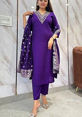 Purple Embroidered Viscose Kurta Set