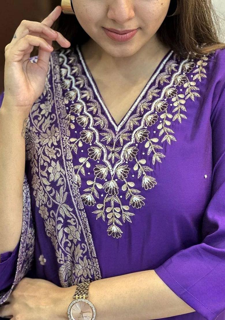 Purple Embroidered Viscose Kurta Set