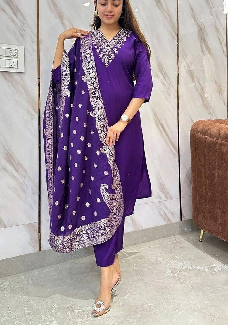 Purple Embroidered Viscose Kurta Set