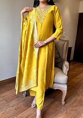 Mustard Embroidered Viscose Kurta Set