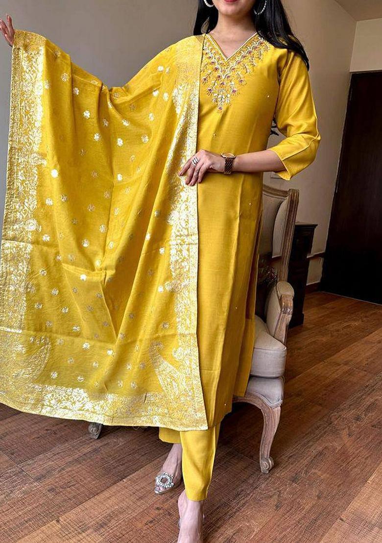 Mustard Embroidered Viscose Kurta Set
