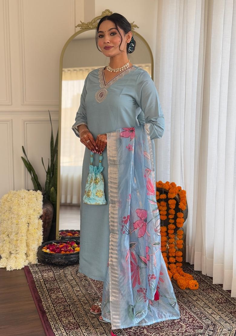 Light Blue Embroidered Silk Kurta Set