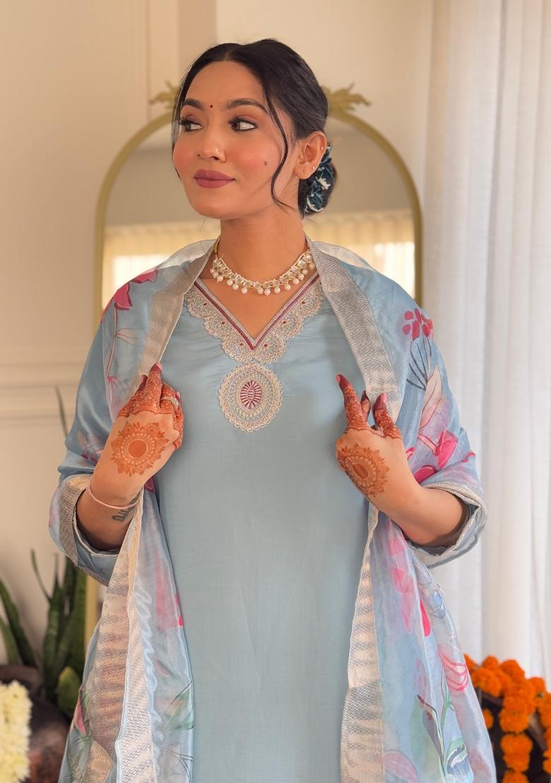 Light Blue Embroidered Silk Kurta Set