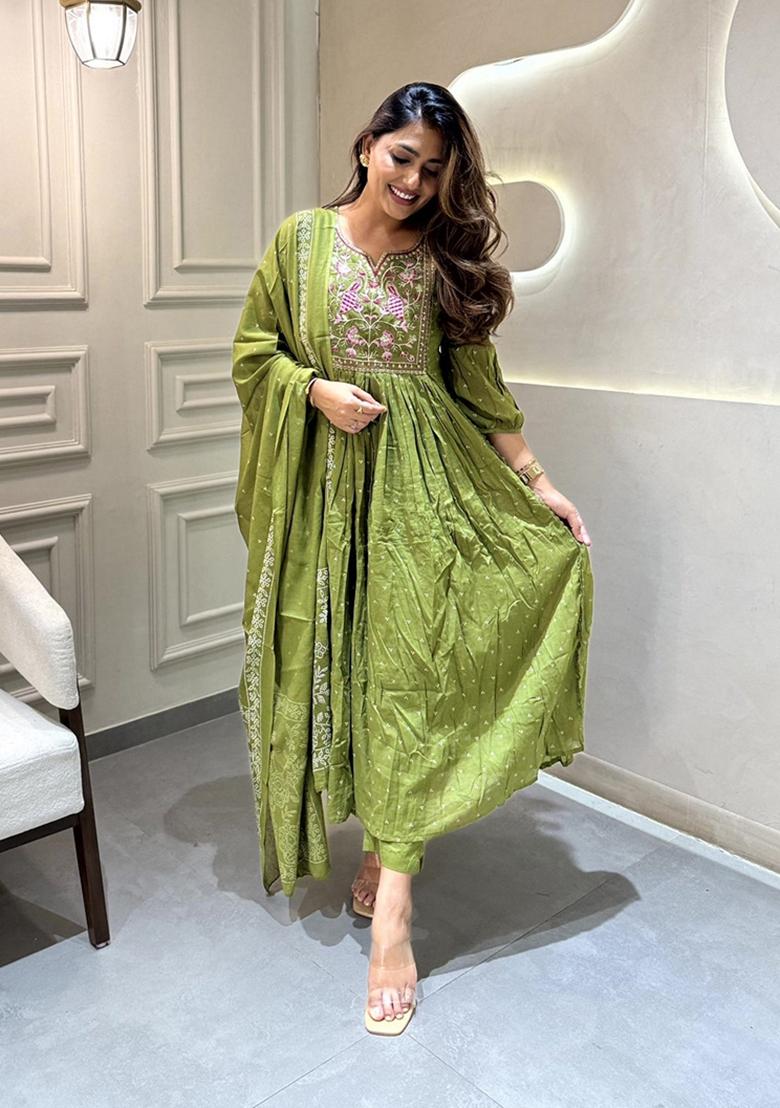 Green Embroidered Cotton Kurta Set
