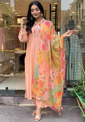 Peach Embroidered Rayon Kurta Set