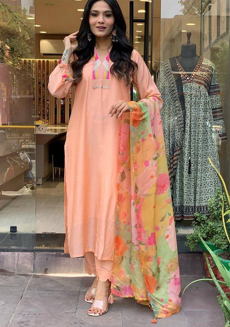 Peach Embroidered Rayon Kurta Set