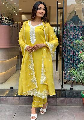 Yellow Embroidered Georgette Kurta Set