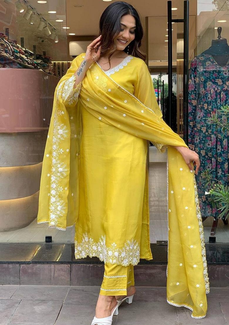 Yellow Embroidered Georgette Kurta Set