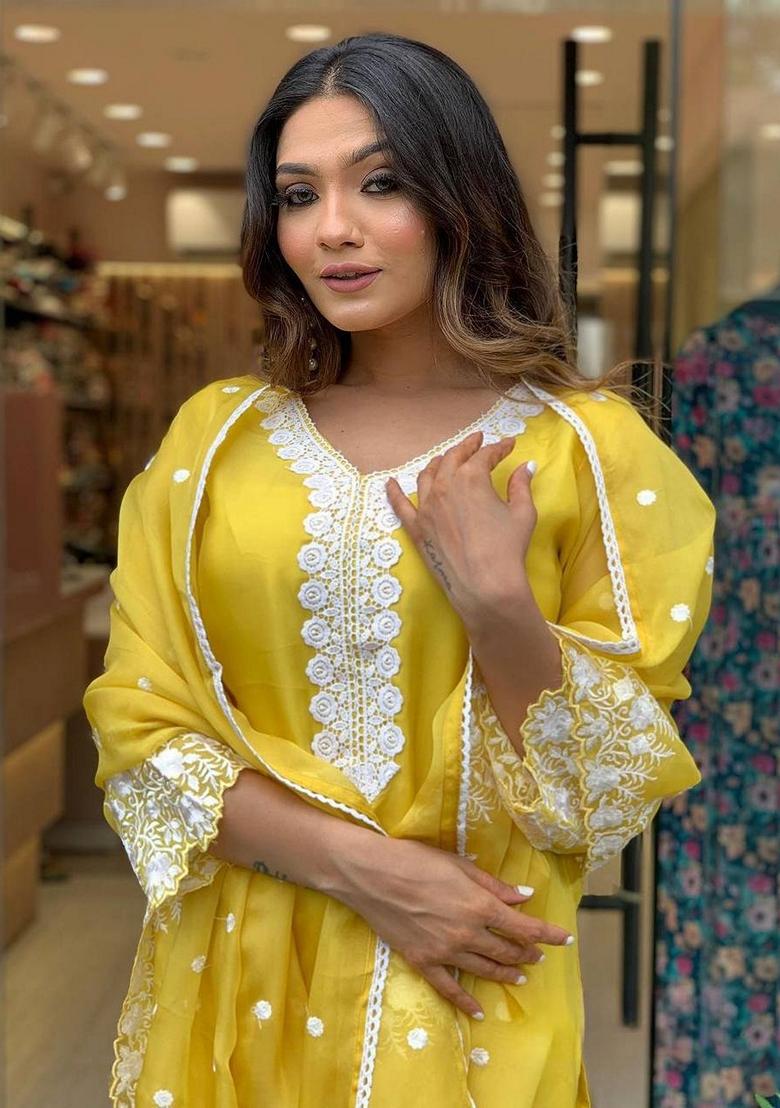 Yellow Embroidered Georgette Kurta Set