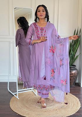 Lavender Embroidered Viscose Kurta Set