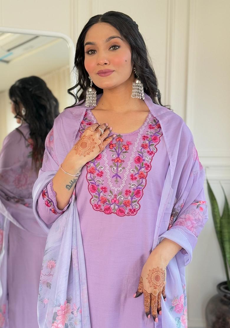 Lavender Embroidered Viscose Kurta Set