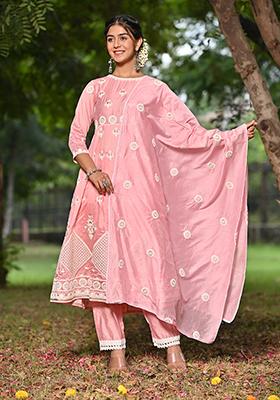 Pink Embroidered Chanderi Kurta Set