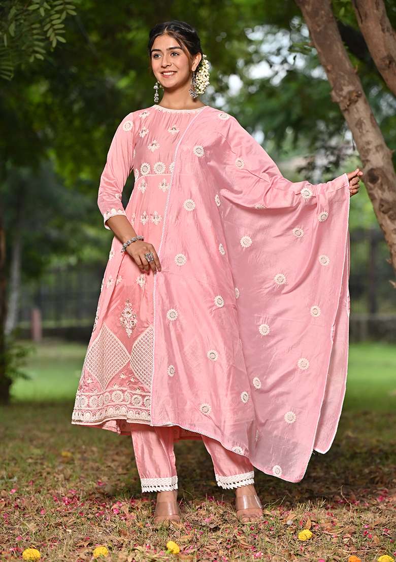 Pink Chikankari Chanderi Straight Kurta Set - Indya