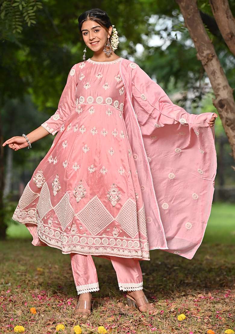 Pink Chikankari Chanderi Straight Kurta Set - Indya