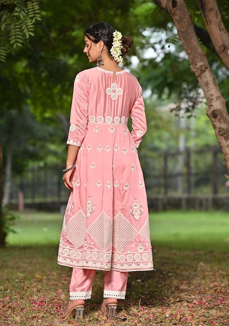 Pink Chikankari Chanderi Straight Kurta Set - Indya