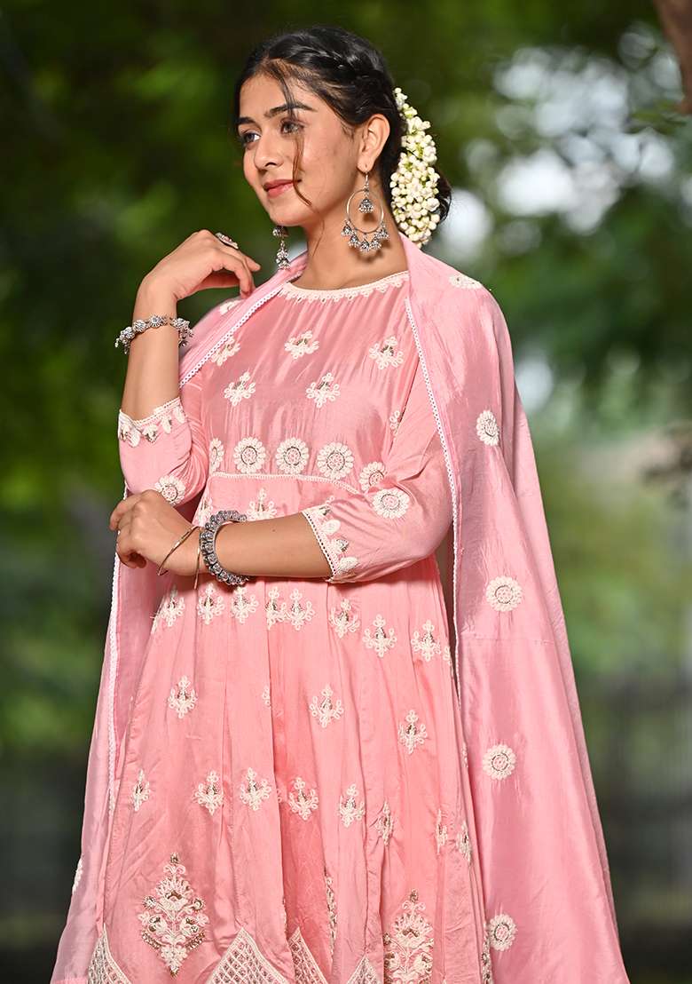 Pink Chikankari Chanderi Straight Kurta Set - Indya