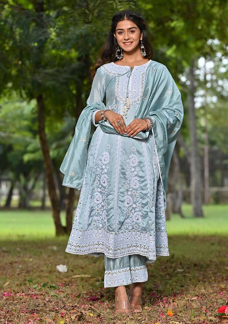 Blue Embroidered Chanderi Kurta Set - Indya