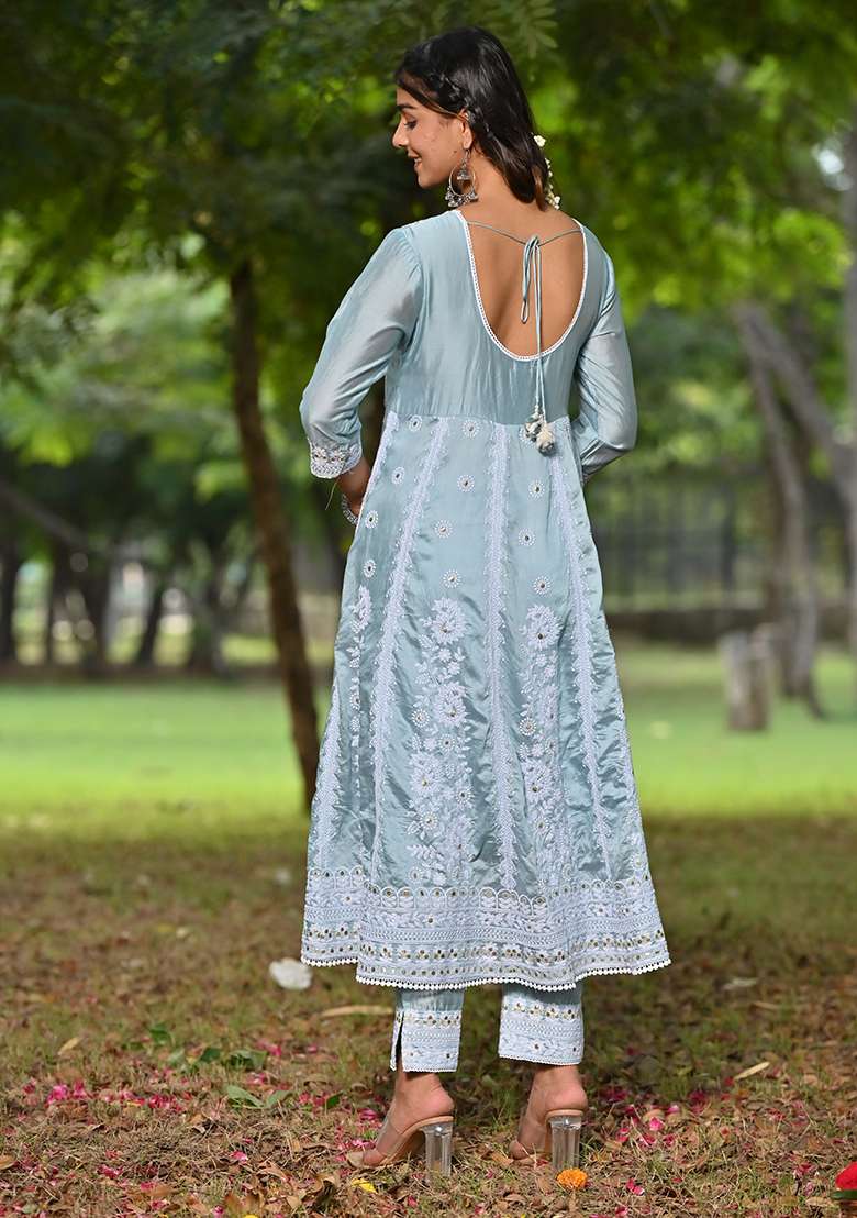 Blue Embroidered Chanderi Kurta Set - Indya
