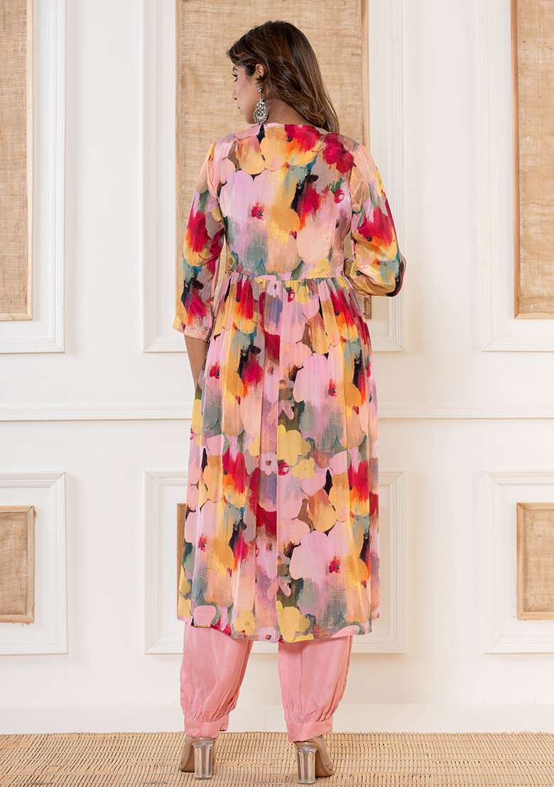 Peach Mirror Embroidered Cotton Kurta Set - Indya