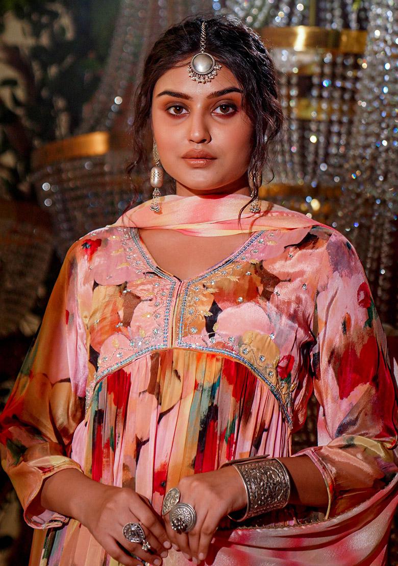 Peach Mirror Embroidered Cotton Kurta Set