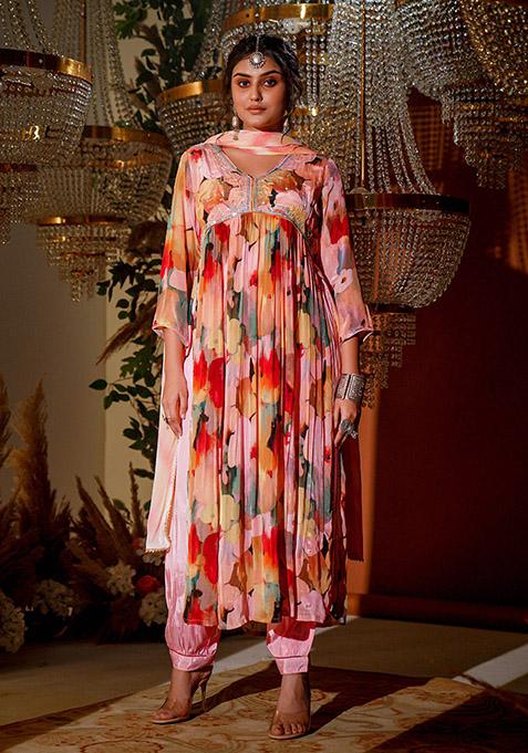 Peach Mirror Embroidered Cotton Kurta Set