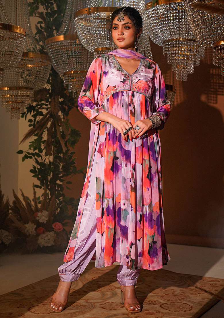 Multi Floral Print Cotton Pakistani Suit Set - Indya