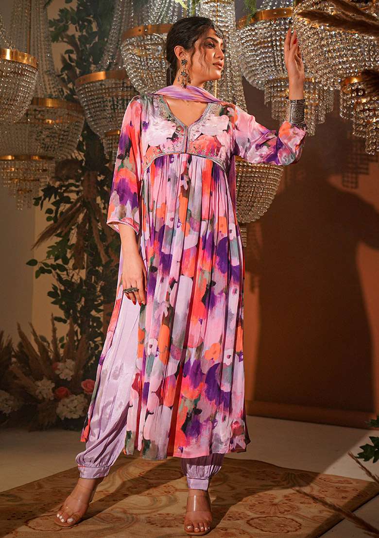 Multi Floral Print Cotton Pakistani Suit Set - Indya