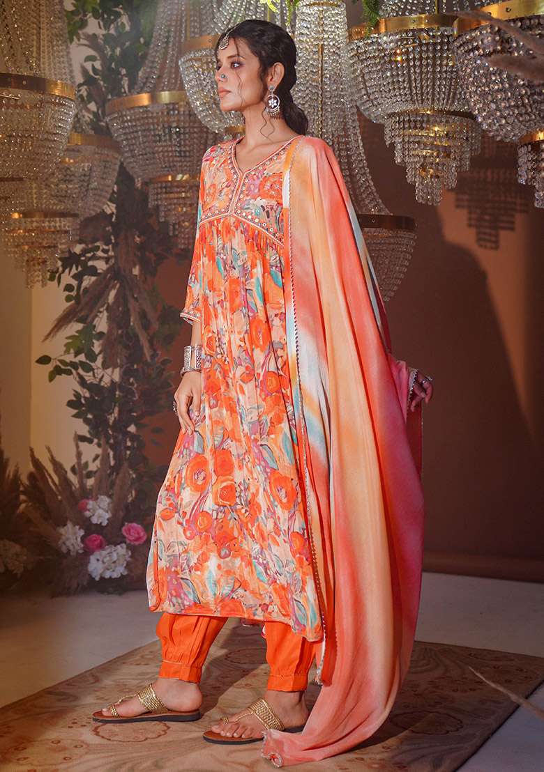 Orange Embroidered Cotton Punjabi Suit - Indya