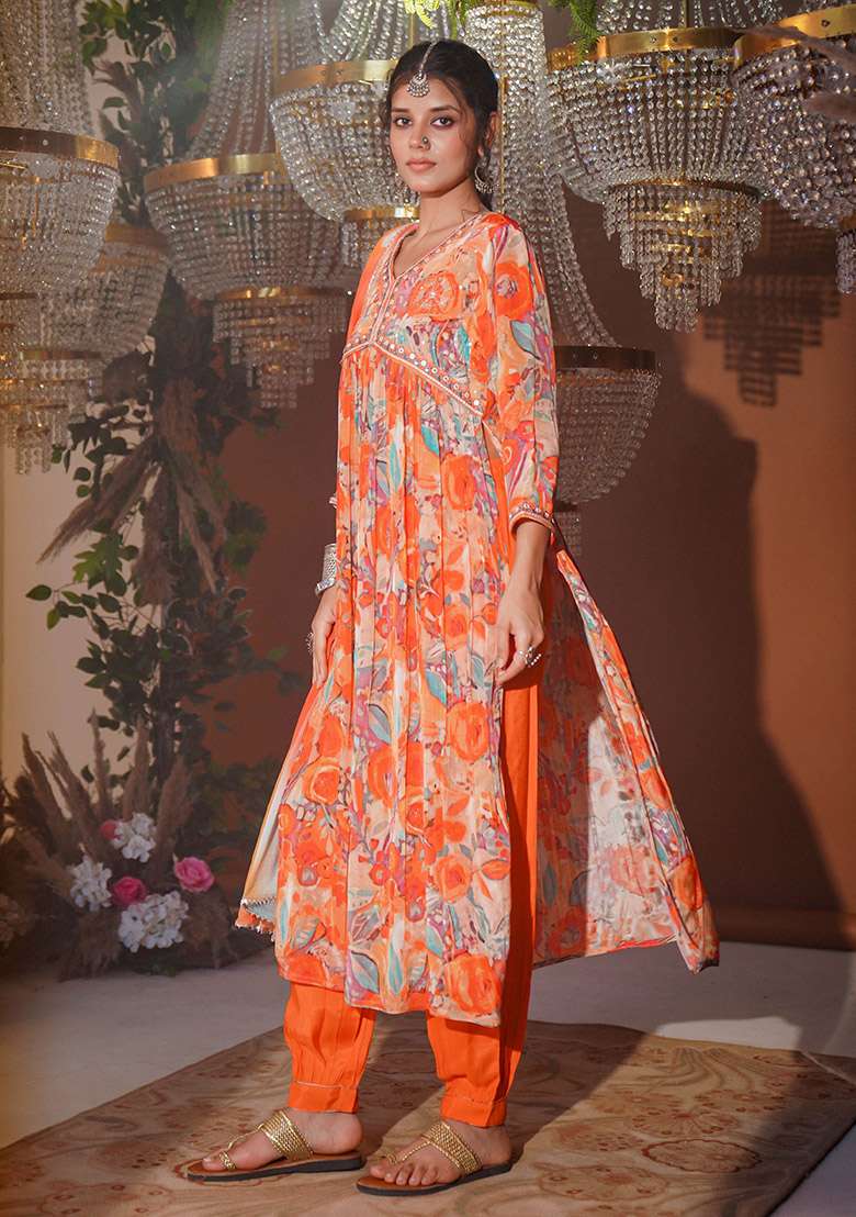 Orange Embroidered Cotton Punjabi Suit - Indya