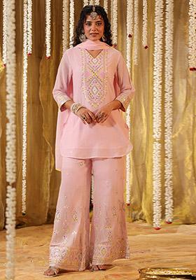 Pink Embroidered Cotton Sharara Set