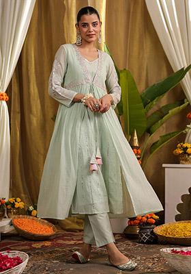 Pista Green Embroidered Cotton Kurta Set