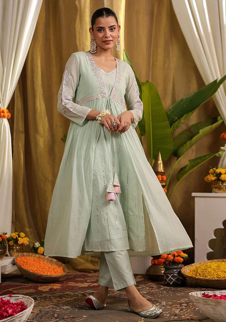 Pista Green Embroidered Cotton A Line Kurta Set - Indya