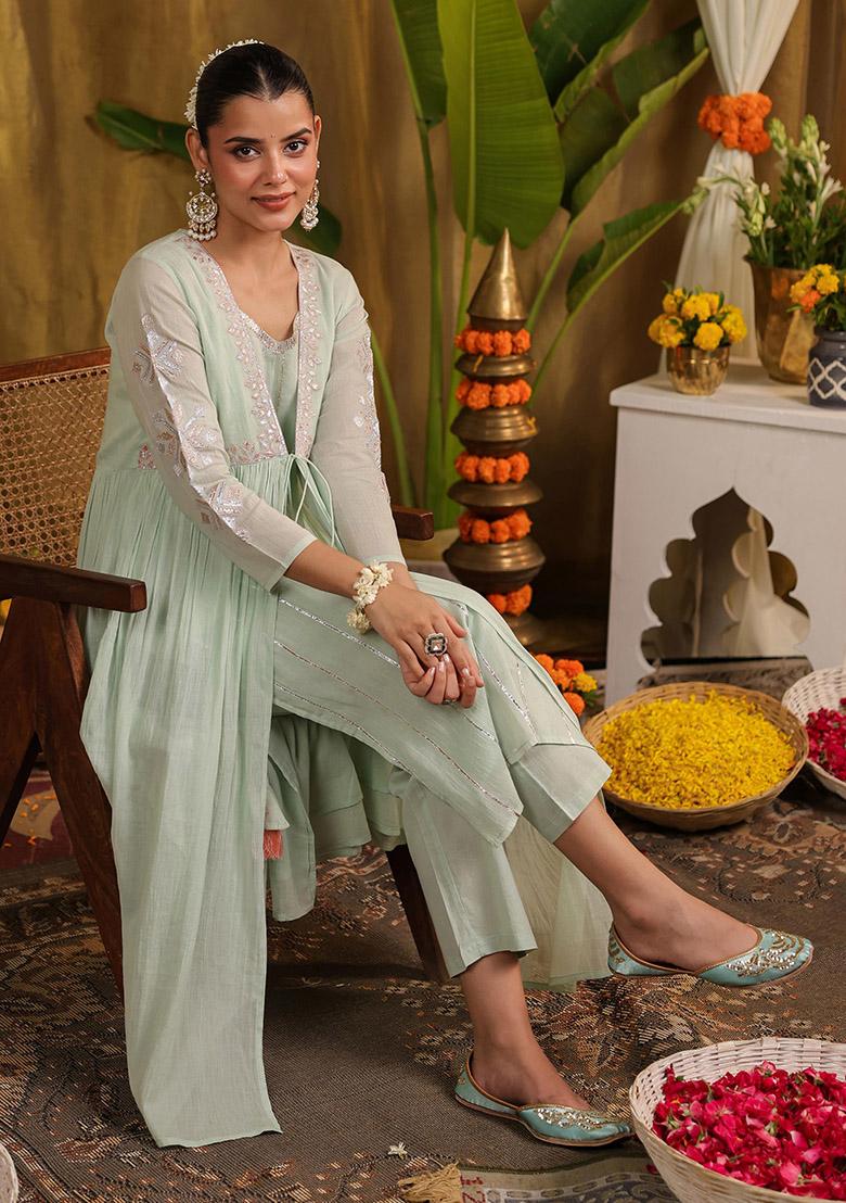 Pista Green Embroidered Cotton Kurta Set