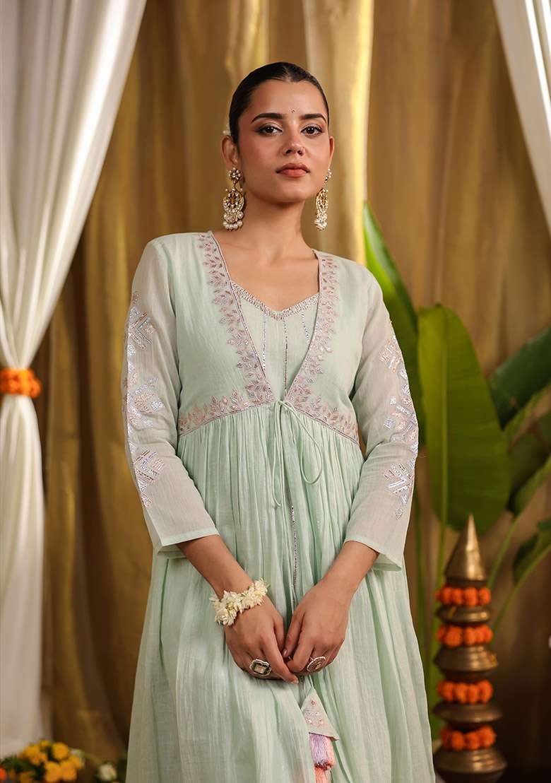 Pista Green Embroidered Cotton A Line Kurta Set - Indya