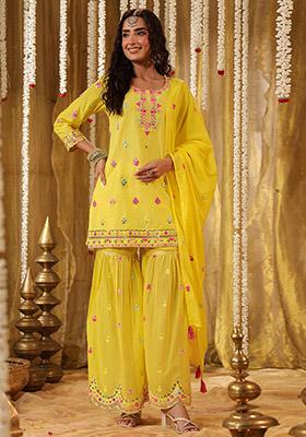 Yellow Embroidered Cotton Sharara Set