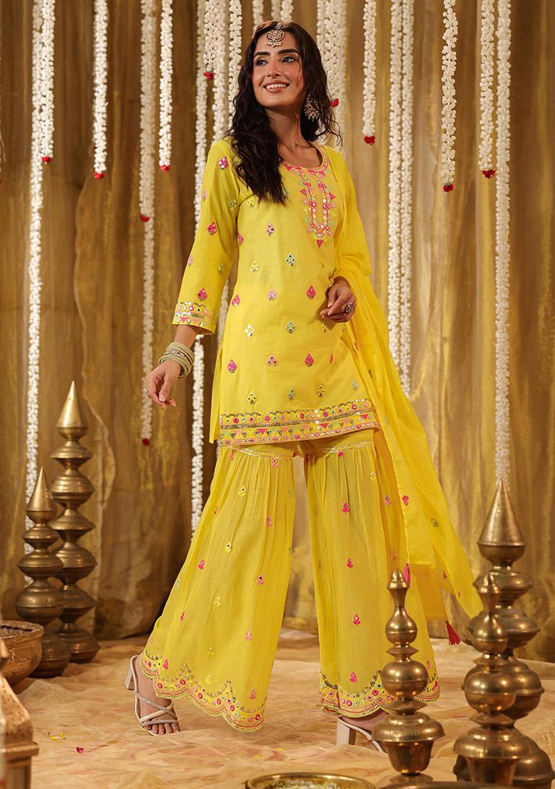 Yellow Embroidered Cotton Sharara Set