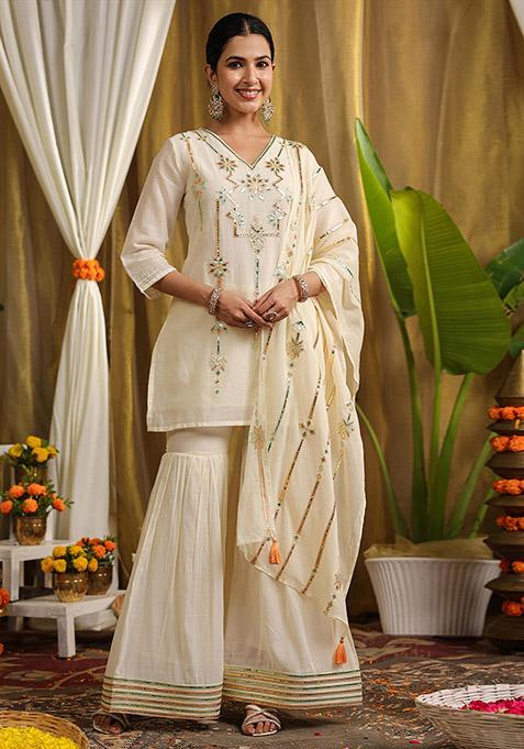 White Embroidered Cotton Sharara Set