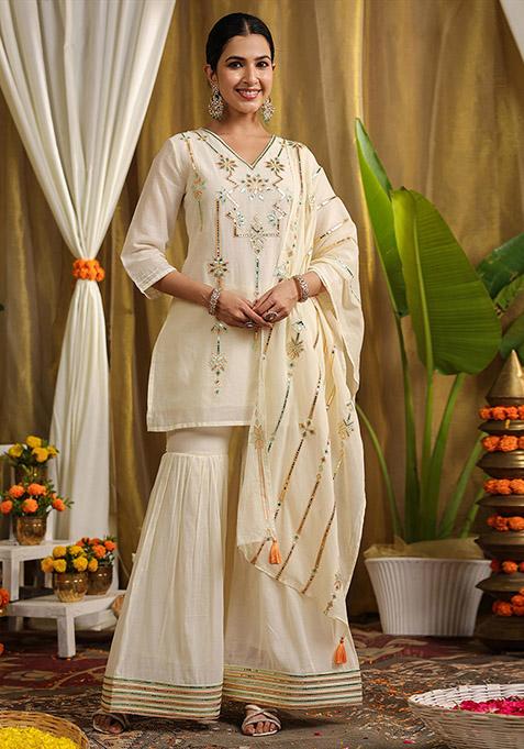 White Embroidered Cotton Sharara Set