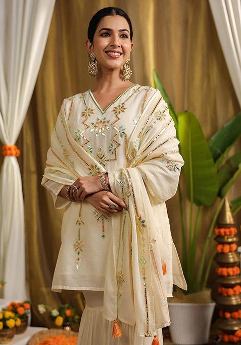 White Embroidered Cotton Sharara Set