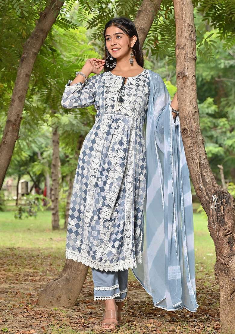 Blue Printed Cotton A Line Kurta Set - Indya