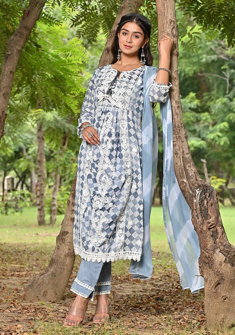 Blue Embroidered Cotton Kurta Set